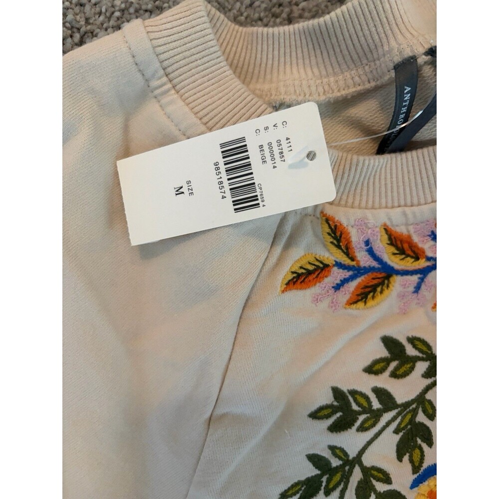 Anthropologie Floral Embroidered Boho Cotton Short Sweatshirt Top Beige M NWT - Picture 3 of 3